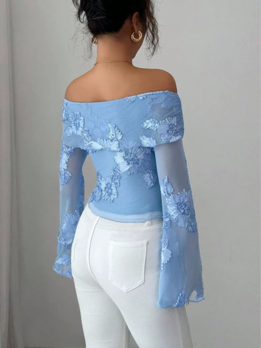 ZARA Stylish Spring Off Shoulder Bell Sleeve Asymmetric Hem Embroidered Blouse